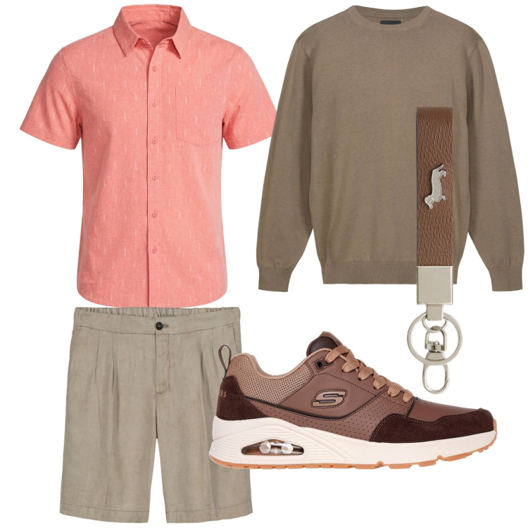 Outfit uomo - Colori accesi. Stile Casual per Tutti i giorni. Abbinamento con portachiavi, maglieria, bermuda, sneakers, camicie a manica corta.