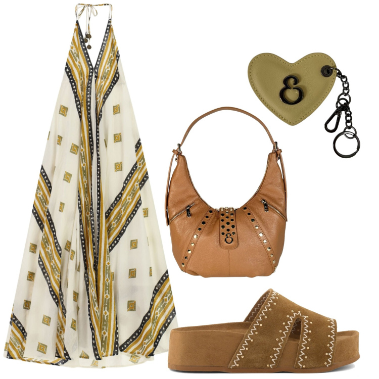 Outfit donna - Total look #2443770. Stile Glamour per Tutti i giorni. Abbinamento con vestiti lunghi, borse a spalla, portachiavi, zeppe.