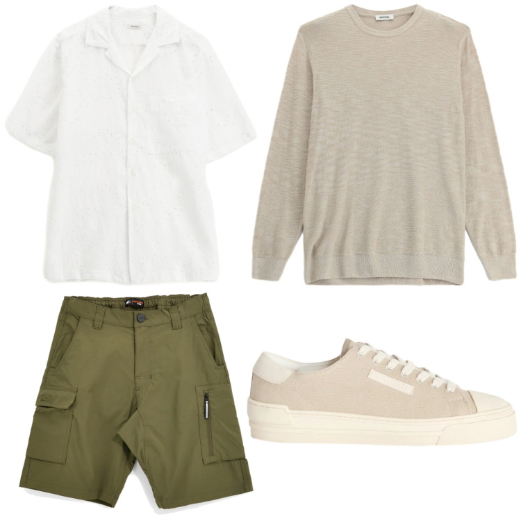 Outfit uomo - Bermuda multitasking. Stile Trendy per Tutti i giorni. Abbinamento con sneakers, camicie a manica corta, maglieria, bermuda.