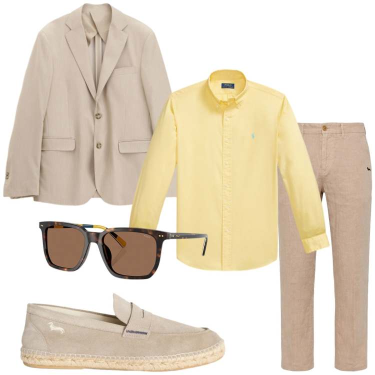 Outfit uomo - Eleganza estiva. Stile Trendy per Ufficio. Abbinamento con espadrillas, pantaloni chino, giacche, occhiali da sole, camicie.