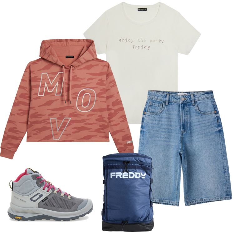 Outfit donna - Alpine Altitude. Stile Casual per Sport. Abbinamento con bermuda, zaini, felpe sportive, t-shirt, scarpe sportive.