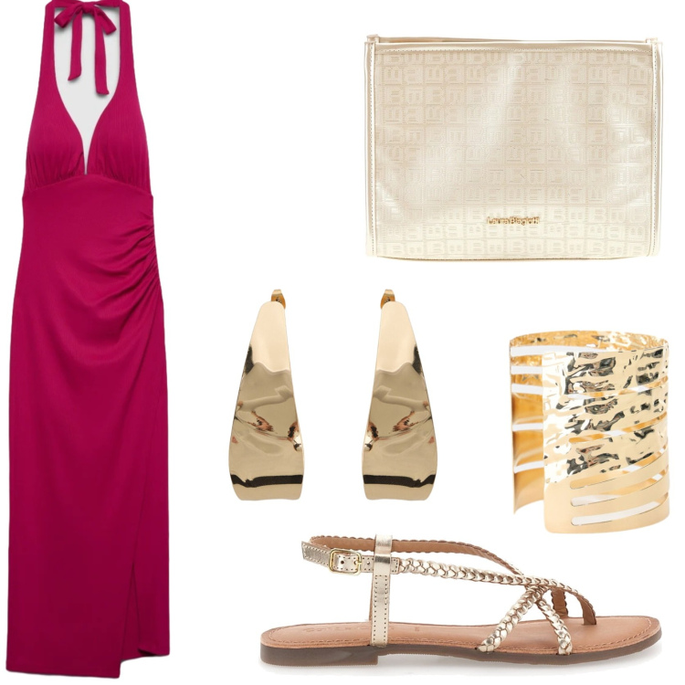 Outfit donna - Aperitivo in spiaggia. Stile Chic per Tutti i giorni. Abbinamento con vestiti midi/longuette, orecchini, braccialetti, sandali, pochette.