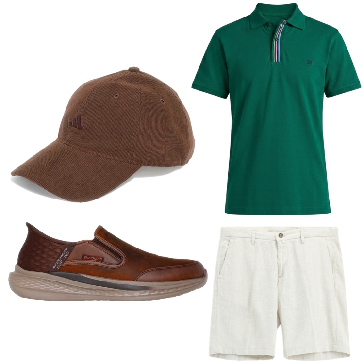 Outfit uomo - Street style. Stile Trendy per Tutti i giorni. Abbinamento con polo, bermuda, sneakers, cappelli con visiera.