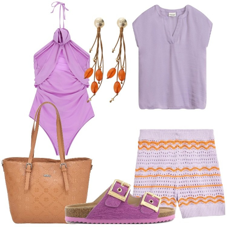 Outfit donna - Glicine e tocchi di arancio. Stile Romantica per Mare. Abbinamento con bluse, shorts, costumi interi, orecchini, borse a tracolla, sandali in pelle.
