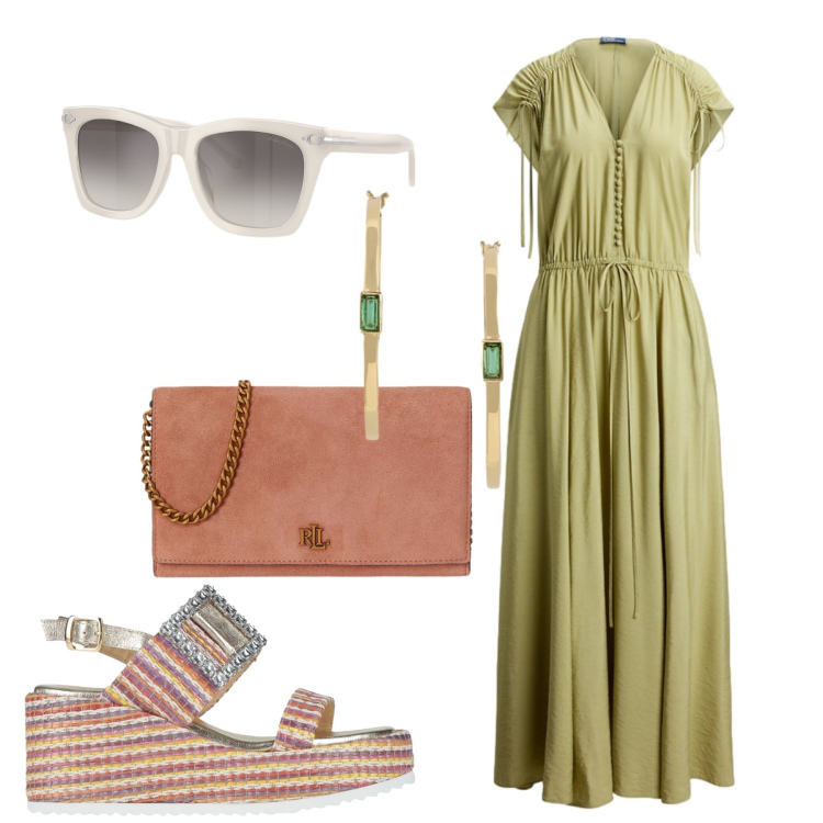 Outfit donna - Total look #2443784. Stile Romantica per Serata fuori. Abbinamento con sandali in pelle, occhiali da sole, borse a tracolla, orecchini, vestiti.