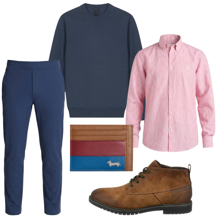 Outfit uomo - Work style. Stile Trendy per Ufficio. Abbinamento con portafogli, camicie, maglieria, scarpe stringate, pantaloni.