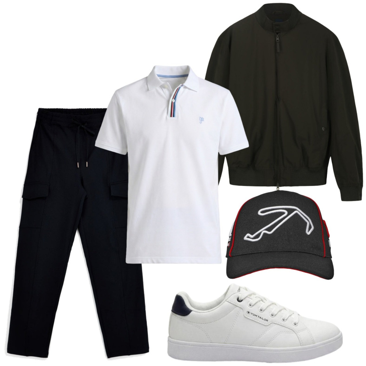 Outfit uomo - Urban style. Stile Urban per Tutti i giorni. Abbinamento con sneakers, cappelli con visiera, polo, bomber, pantaloni cargo.