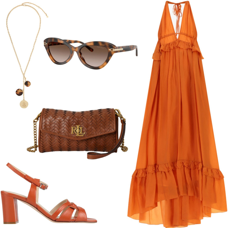 Outfit donna - Agosto in città. Stile Casual chic per Tutti i giorni. Abbinamento con sandali in pelle, vestiti lunghi, occhiali da sole, portafogli, collane.