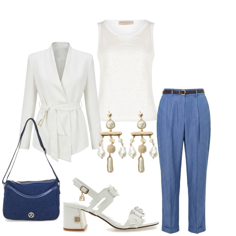 Outfit donna - Total look #2443792. Stile Romantica per Serata fuori. Abbinamento con pantaloni, blazer, canottiere, orecchini, sandali col tacco, borse a tracolla.