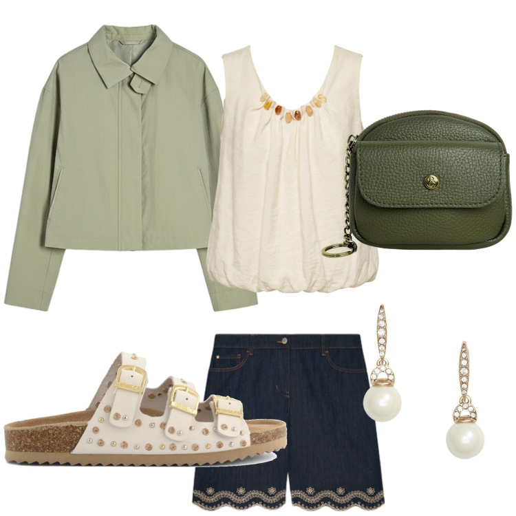 Outfit donna - Summer Holidays. Stile Casual per Tutti i giorni. Abbinamento con bermuda, top, orecchini, portachiavi, bomber, sandali.