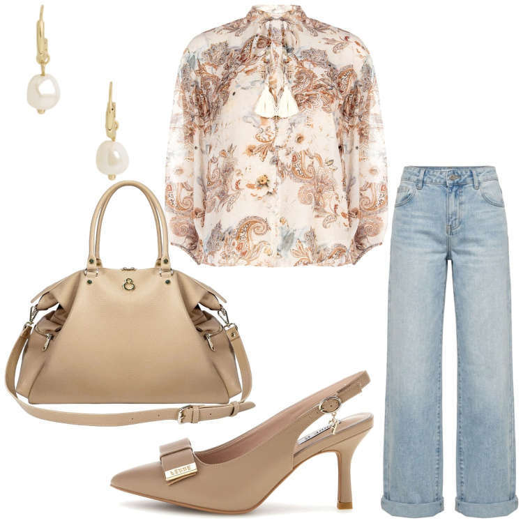 Outfit donna - Total look #2443796. Stile Casual chic per Serata fuori. Abbinamento con bluse, jeans, orecchini, shopping bag, décolleté.