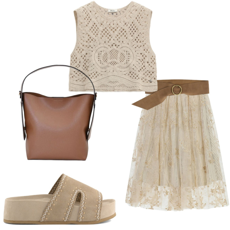 Outfit donna - Agosto in città. Stile Bon Ton per Tutti i giorni. Abbinamento con gonne lunghe, cinture, top, borse a mano, zeppe.