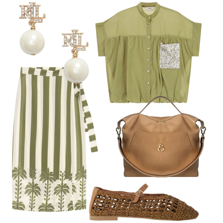 Outfit donna - Total look #2443798. Stile Trendy per Serata fuori. Abbinamento con ballerine, camicie a manica corta, gonne lunghe, orecchini, borse a mano.
