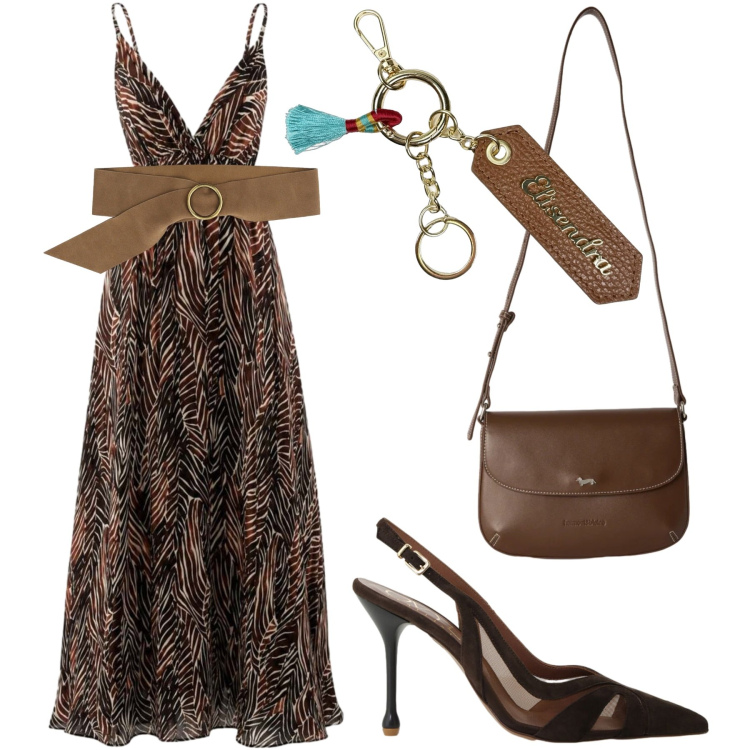 Outfit donna - Total look #2443803. Stile Chic per Cerimonia. Abbinamento con cinture, décolleté, vestiti lunghi, borse a tracolla, portachiavi.