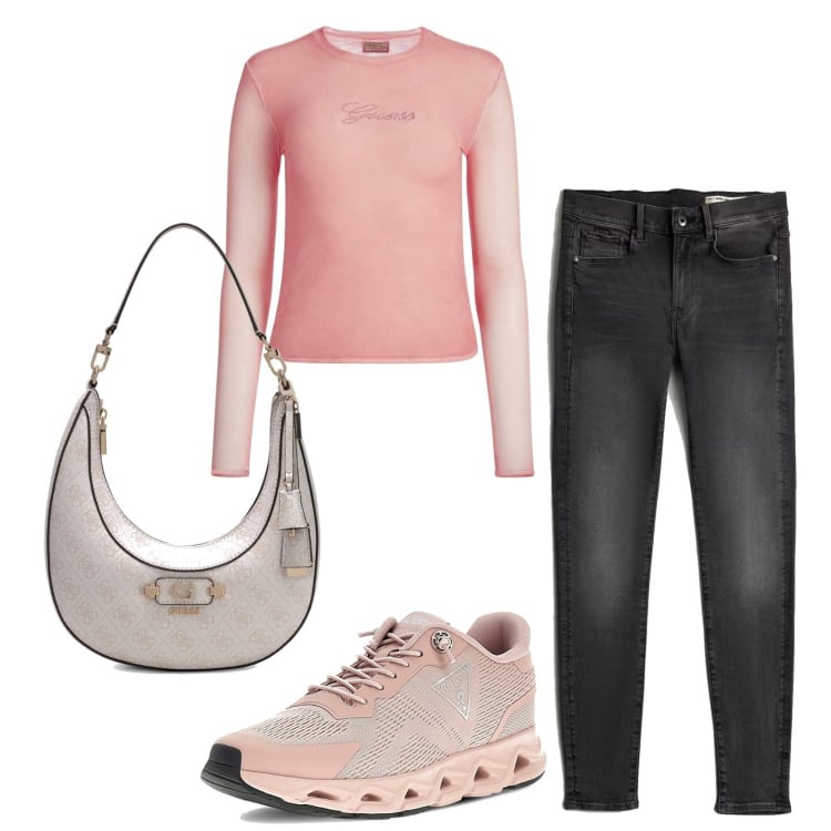 Outfit mujer - Urban style. Estilo Urban para Todos los días. Combinación con vaqueros pitillo, sneakers, top, bolsos de hombro.