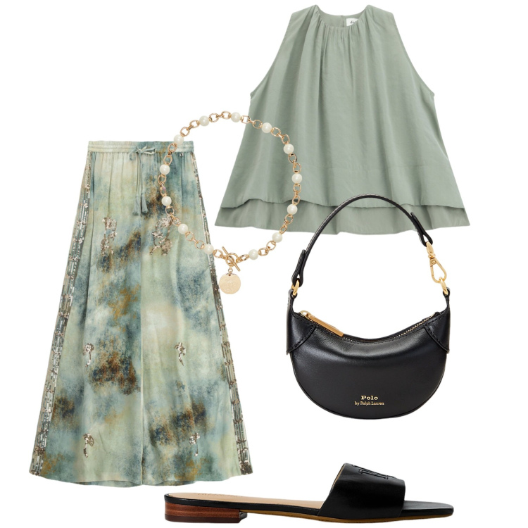 Outfit donna - Total look #2443809. Stile Romantica per Serata fuori. Abbinamento con pantaloni a palazzo, top, collane, portafogli, ciabatte.