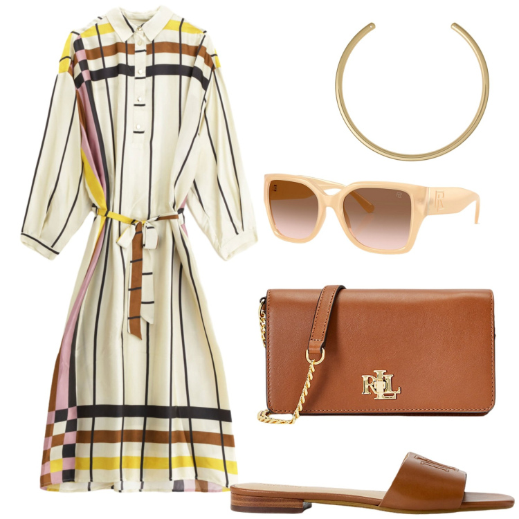 Outfit donna - Total look #2443811. Stile Glamour per Tutti i giorni. Abbinamento con vestiti midi/longuette, borse a mano, occhiali da sole, ciabatte, collane.