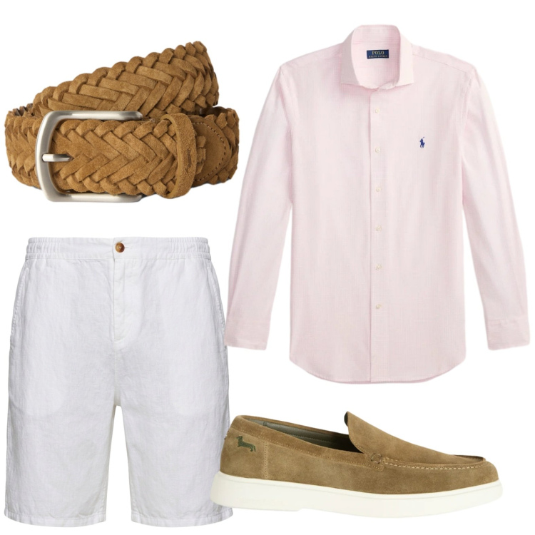 Outfit uomo - Eleganza leggera. Stile Trendy per Mare. Abbinamento con scarpe stringate, bermuda, cinture, camicie.