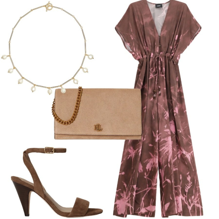 Outfit donna - Sere d\'estate. Stile Chic per Serata fuori. Abbinamento con tute, borse a tracolla, collane, sandali in pelle.