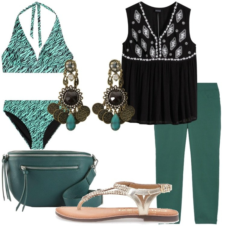 Outfit donna - Summer Holidays. Stile Etnico per Mare. Abbinamento con top, marsupi, bikini, orecchini, pantaloni skinny, sandali.