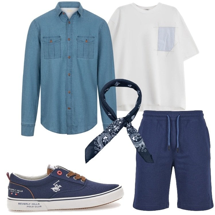 Outfit uomo - Camicia aperta d’estate. Stile Trendy per Tutti i giorni. Abbinamento con t-shirt, sciarpe e foulard, camicie, sneakers, pantaloni corti.