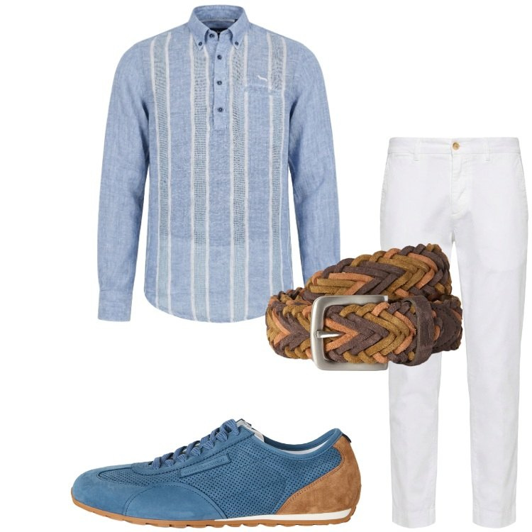 Outfit uomo - Agosto in ufficio. Stile Business/Elegante per Ufficio. Abbinamento con pantaloni chino, sneakers, camicie, cinture.