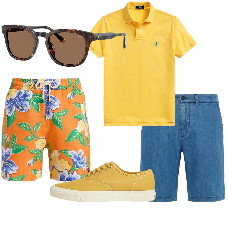 Outfit uomo - Agosto colorato. Stile Trendy per Mare. Abbinamento con bermuda, polo, sneakers, occhiali da sole, costumi.