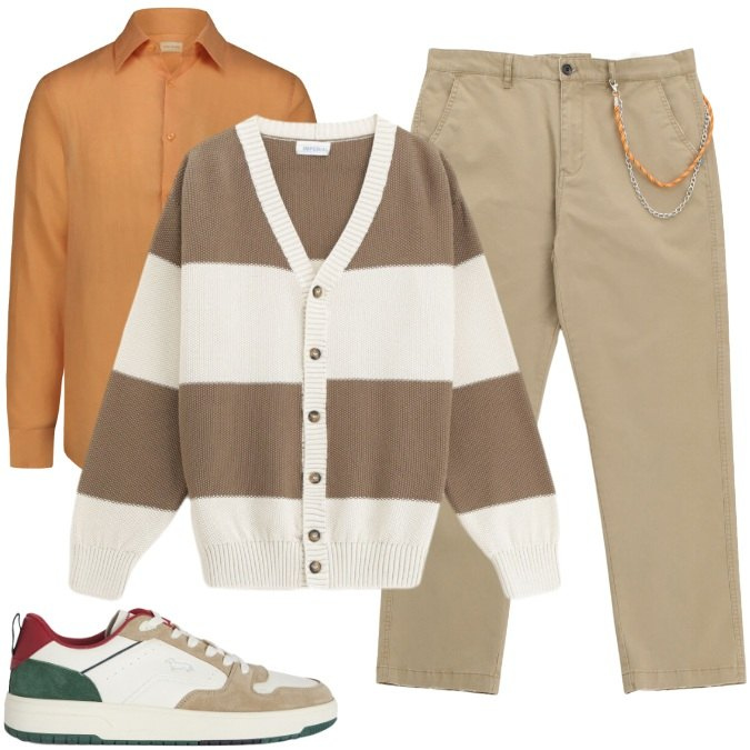 Outfit uomo - La camicia caramello-ufficio/quotidiano. Stile Casual per Tutti i giorni. Abbinamento con sneakers, cardigans, pantaloni, camicie.