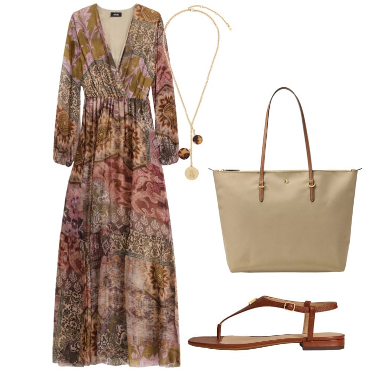 Outfit donna - Sunset Gold. Stile Romantica per Tutti i giorni. Abbinamento con vestiti lunghi, sandali in pelle, borse tote, collane.