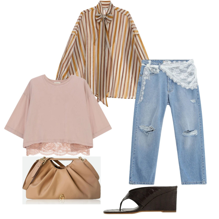 Outfit donna - Total look #2443828. Stile Casual chic per Tutti i giorni. Abbinamento con top, camicie, sandali, jeans strappati, clutch.