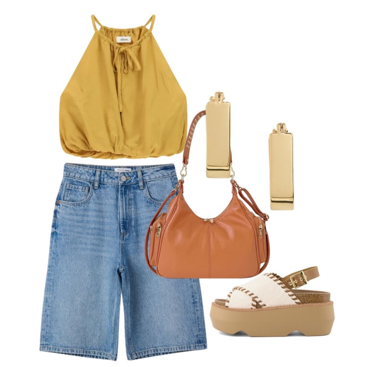 Outfit donna - Sunset Gold. Stile Casual per Tutti i giorni. Abbinamento con bermuda, top, orecchini, borse a spalla, zeppe.