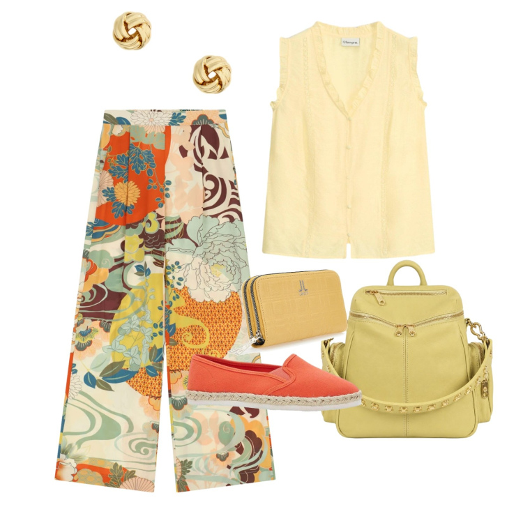 Outfit donna - Colore in città. Stile Casual per Tutti i giorni. Abbinamento con canottiere, espadrillas, pantaloni a palazzo, orecchini, zaini, portafogli.