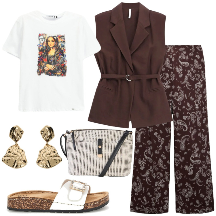 Outfit donna - Casual. Stile Casual per Tutti i giorni. Abbinamento con borse a tracolla, pantaloni, t-shirt, orecchini, gilet, ciabatte.