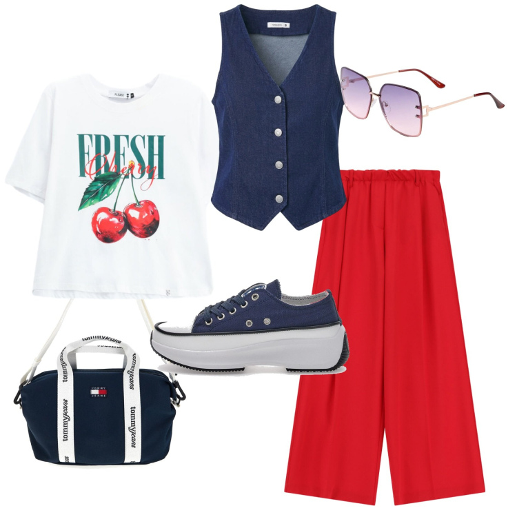 Outfit donna - Red e Blue city. Stile Casual chic per Tutti i giorni. Abbinamento con occhiali da sole, gilet, pantaloni a palazzo, t-shirt, sneakers alte, shopping bag.