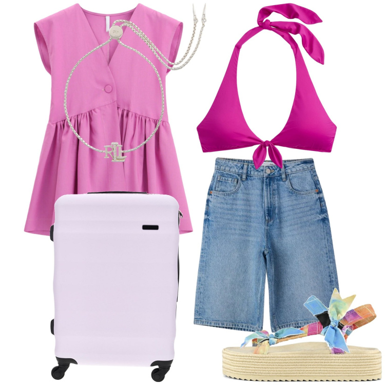 Outfit donna - Tenerife. Stile Casual per Mare. Abbinamento con bermuda, top, braccialetti, bikini, sandali, valigie.