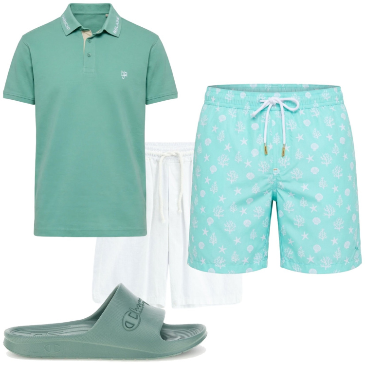 Outfit uomo - Total look #2443840. Stile Casual per Mare. Abbinamento con bermuda, polo, costumi, sandali.