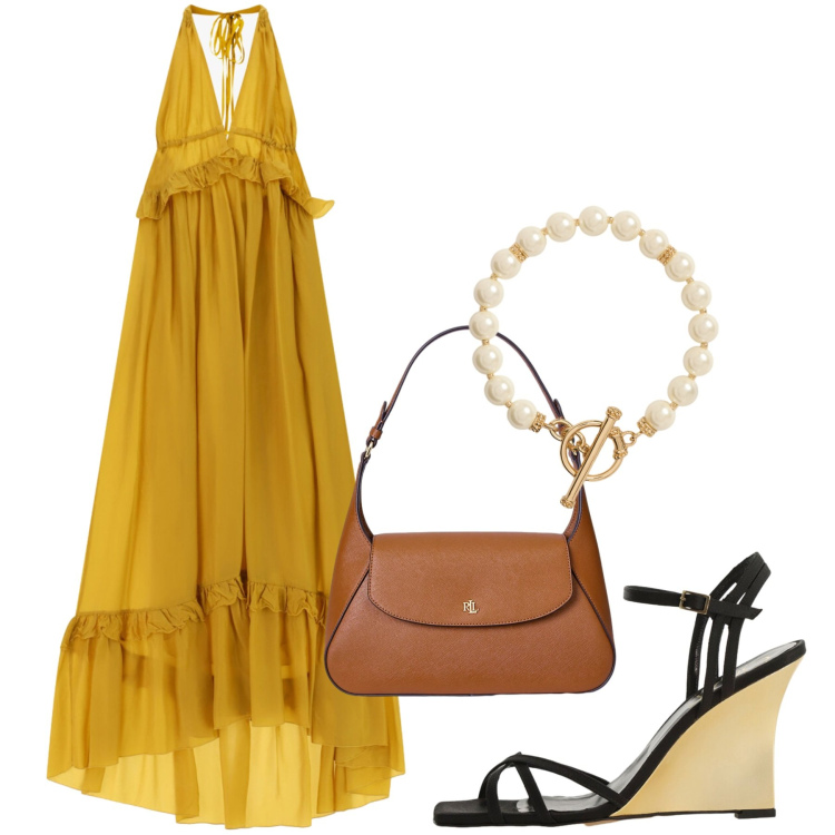 Outfit donna - Sunset Gold. Stile Romantica per Serata fuori. Abbinamento con sandali col tacco, vestiti lunghi, collane, borse a spalla.