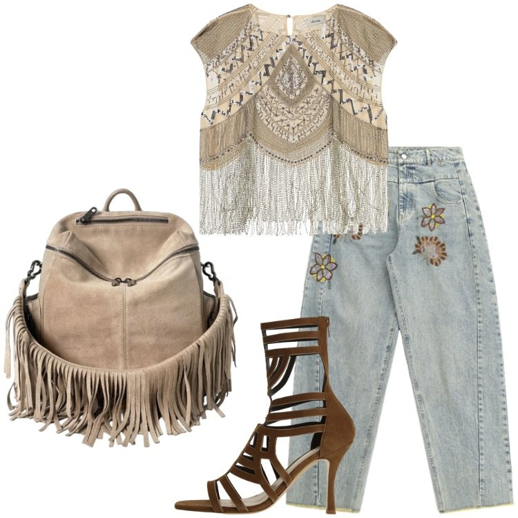 Outfit donna - Elisendra: l\'arte dell\'accessorio. Stile Boho per Serata fuori. Abbinamento con jeans, top, sandali col tacco, zaini.