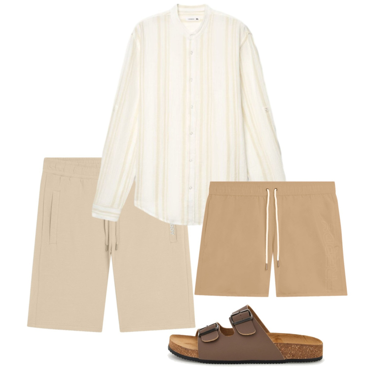 Outfit uomo - Camicia aperta d’estate. Stile Casual per Tutti i giorni. Abbinamento con camicie, pantaloni corti, costumi, sandali.