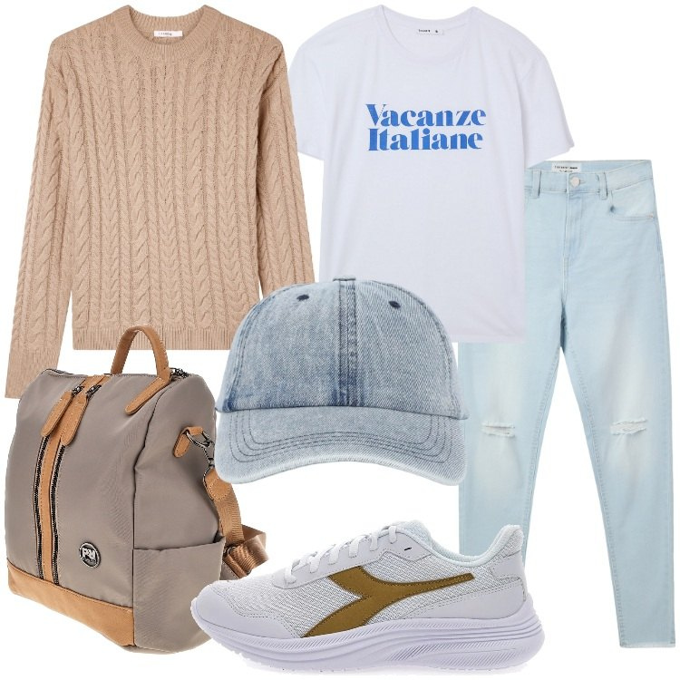Outfit donna - Alpine Altitude. Stile Casual per Tutti i giorni. Abbinamento con jeans strappati, cappelli con visiera, maglieria, t-shirt, zaini, scarpe sportive.
