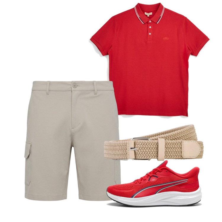 Outfit uomo - Agosto. Stile Casual per Tutti i giorni. Abbinamento con cinture, pantaloni corti, sneakers alte, polo.