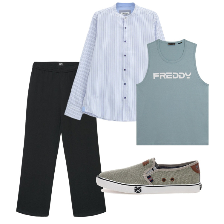 Outfit uomo - Agosto. Stile Casual per Tutti i giorni. Abbinamento con pantaloni, camicie, canottiere, scarpe stringate.