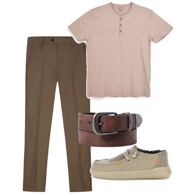 Outfit uomo - Agosto. Stile Casual per Tutti i giorni. Abbinamento con pantaloni, cinture, t-shirt, scarpe stringate.
