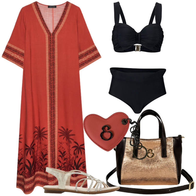 Outfit donna - Caftani e kimono leggeriFocus donna curv. Stile Casual chic per Mare. Abbinamento con bikini, sandali, caftani, borse a mano, portachiavi.