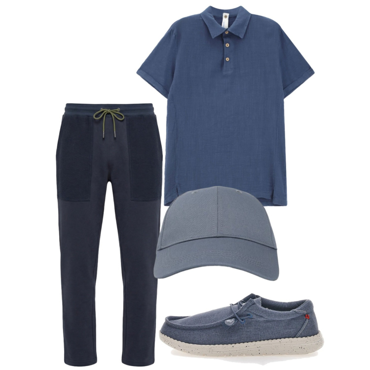 Outfit uomo - Agosto. Stile Casual per Tutti i giorni. Abbinamento con cappelli con visiera, polo, pantaloni, scarpe stringate.
