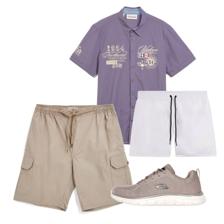 Outfit uomo - Agosto. Stile Casual per Tutti i giorni. Abbinamento con camicie a manica corta, costumi, sneakers, bermuda.