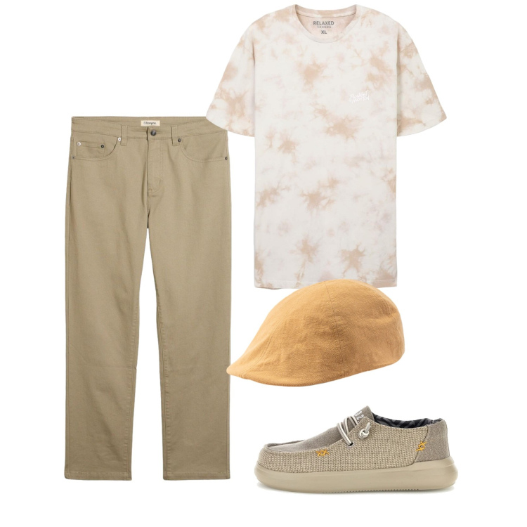 Outfit uomo - Agosto. Stile Casual per Tutti i giorni. Abbinamento con pantaloni, t-shirt, cappelli con visiera, scarpe stringate.