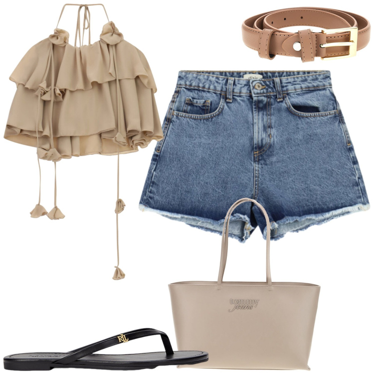 Outfit donna - Al mare. Stile Casual per Mare. Abbinamento con top, shorts, ciabatte, borse a spalla, cinture.