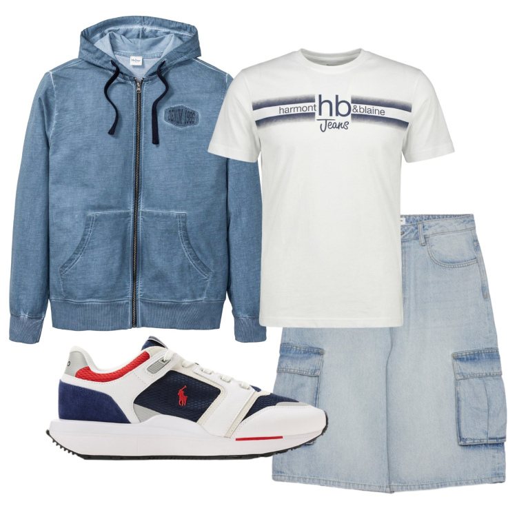 Outfit uomo - Total look #2443870. Stile Urban per Tutti i giorni. Abbinamento con felpe con cappuccio, t-shirt, pantaloni corti, sneakers.