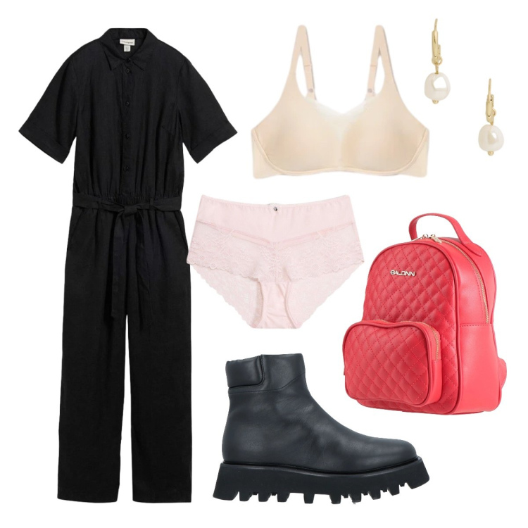 Outfit donna - Ufficio agosto. Stile Minimal per Ufficio. Abbinamento con zaini, stivaletti, culotte, tute, reggiseni, orecchini.